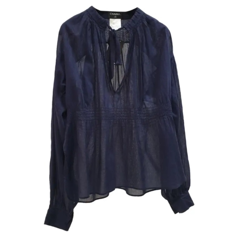 Chanel Navy Blue Cotton Waist 2 CC Logo Buttons Blouse Size 40 - Picture 2 of 10